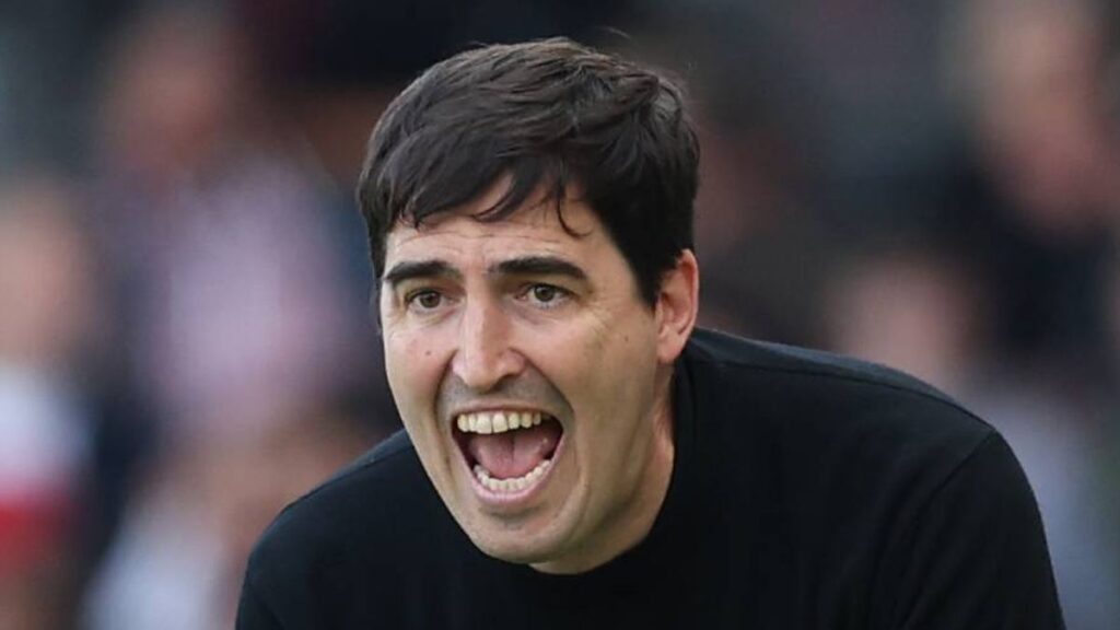 Liverpool head coach Andoni Iraola directing his players from the touchline