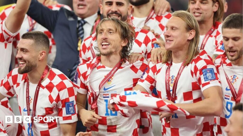 Croatia captain Luka Modric looking focused on the pitch in his national team kit ahead of the match against England