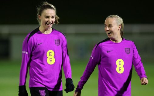 Beth Mead and Niamh Charles playing for the England women's national football team