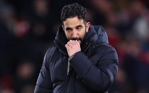 Manchester United manager Ruben Amorim looking dejected on the touchline during a Premier League match