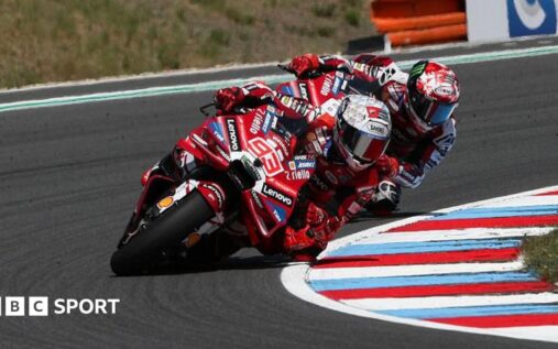 Marc Marquez celebrates winning the Czech Grand Prix on his Ducati MotoGP bike