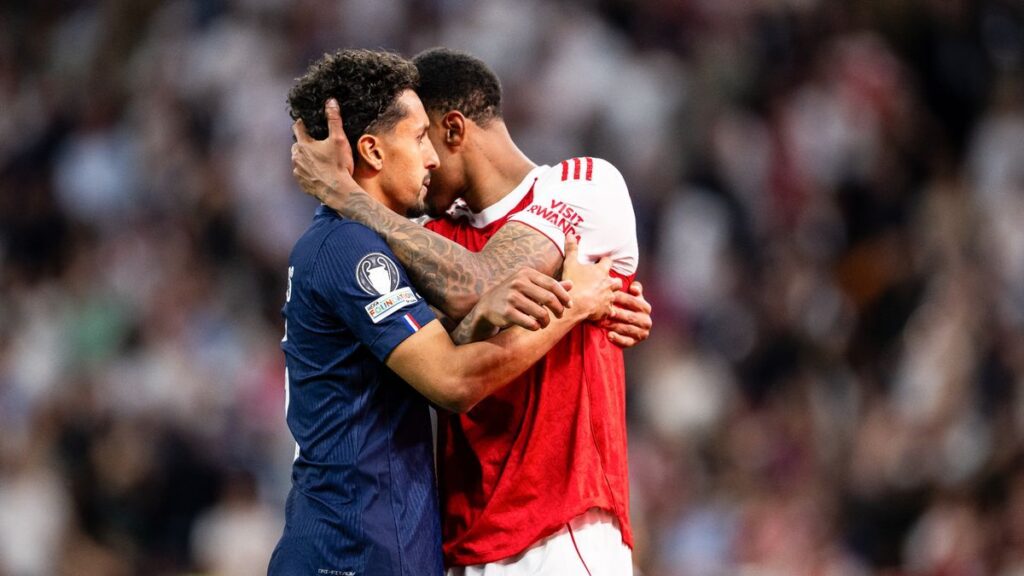 Paris St-Germain captain Marquinhos consoling a devastated Gabriel on the pitch after the Champions League final