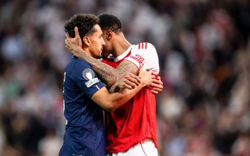 Paris St-Germain captain Marquinhos consoling a devastated Gabriel on the pitch after the Champions League final