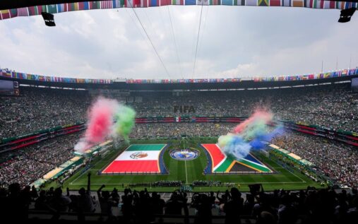 Julian Quiñones celebrating his opening goal for Mexico against South Africa at the Estadio Azteca.