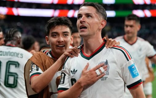 Guillermo Ochoa celebrating a 3-0 victory for Mexico against the Czech Republic at the Azteca Stadium