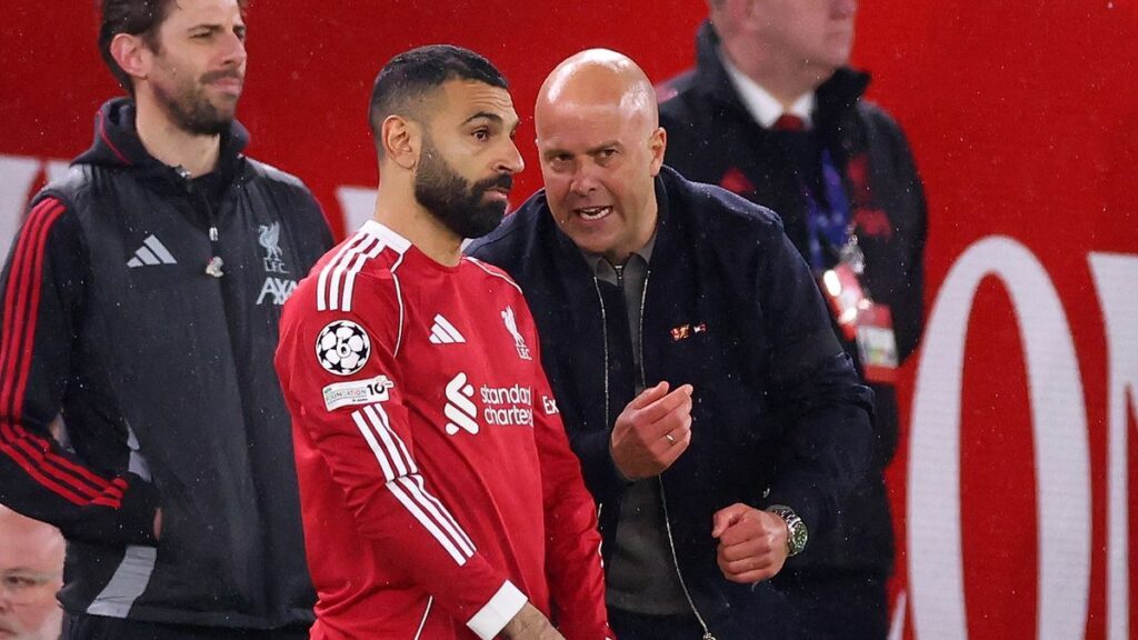Mohamed Salah looking frustrated on the pitch during a Liverpool match