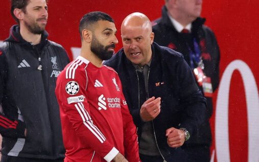 Mohamed Salah looking frustrated on the pitch during a Liverpool match