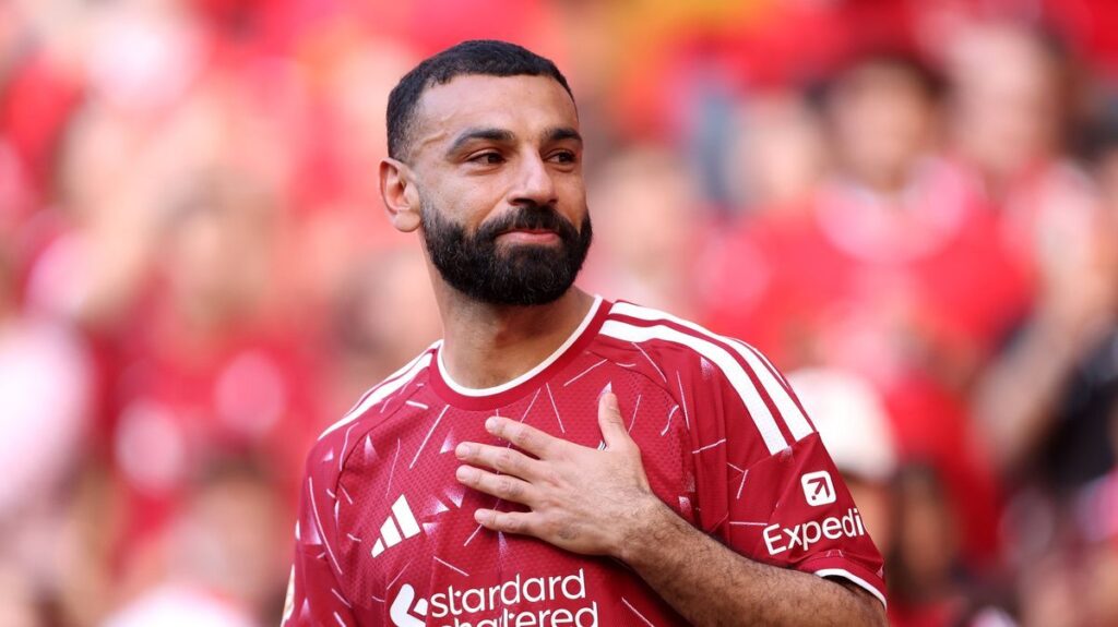 Mohamed Salah pointing to the crowd during his final match for Liverpool