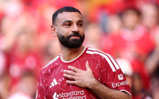 Mohamed Salah pointing to the crowd during his final match for Liverpool