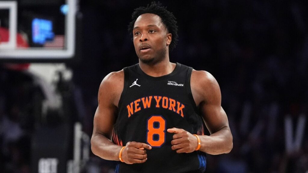 OG Anunoby celebrating on the court for the New York Knicks during the NBA Finals