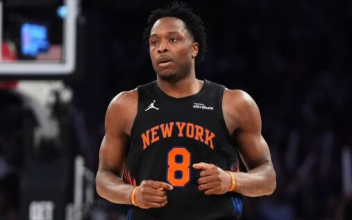 OG Anunoby celebrating on the court for the New York Knicks during the NBA Finals