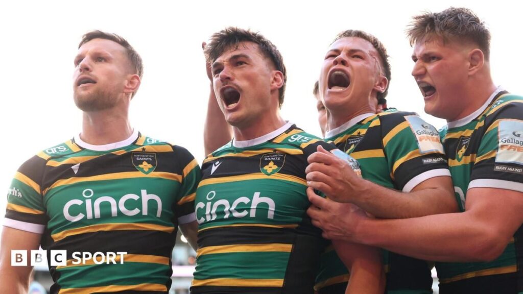 George Furbank of Northampton Saints runs with the ball during the Premiership semi-final against Leicester Tigers