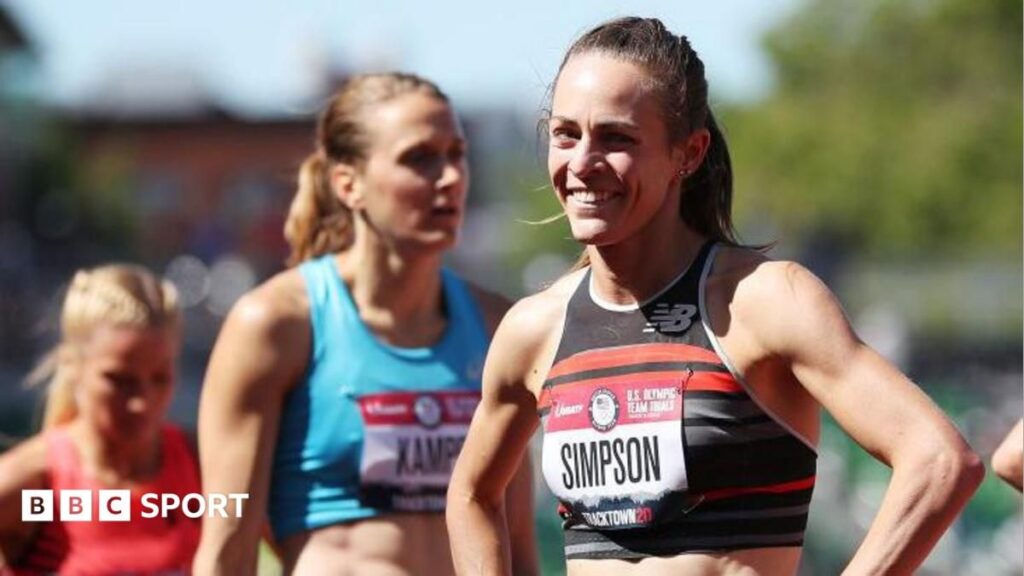 American middle-distance runner Jenny Simpson competing on the athletics track