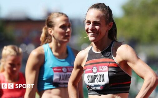 American middle-distance runner Jenny Simpson competing on the athletics track