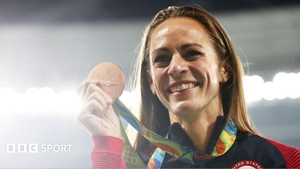 American middle-distance runner Jenny Simpson competing on an athletics track
