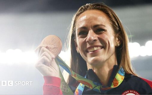 American middle-distance runner Jenny Simpson competing on an athletics track