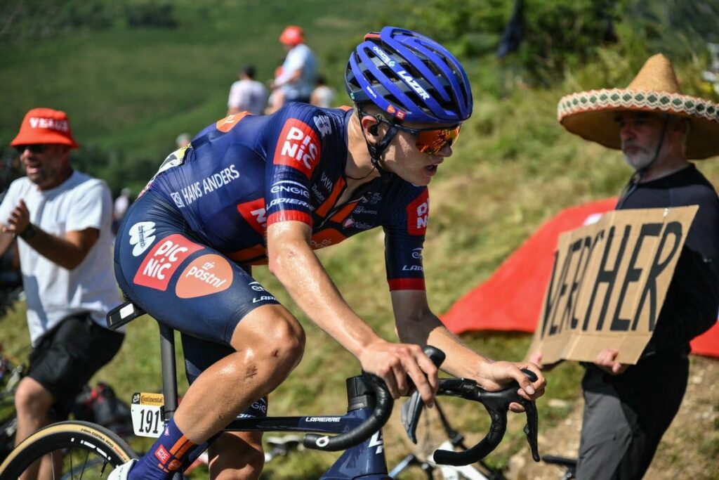 Cyclist Oscar Onley riding for Netcompany-Ineos during a road race
