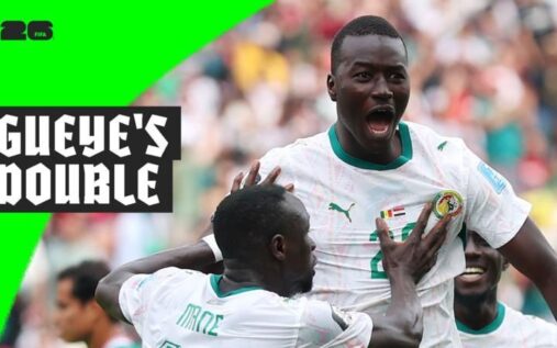 Senegal midfielder Pape Gueye celebrating after scoring a venomous goal against Iraq