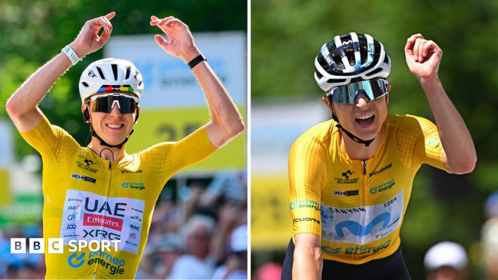 Tadej Pogacar and Marlen Reusser celebrating their overall victories at the Tour de Suisse