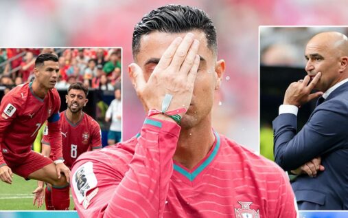 Cristiano Ronaldo looking frustrated on the pitch in a Portugal national team kit