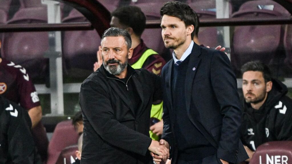 Derek McInnes gesturing from the technical area during a Scottish Premiership match