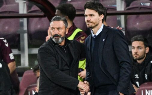 Derek McInnes gesturing from the technical area during a Scottish Premiership match