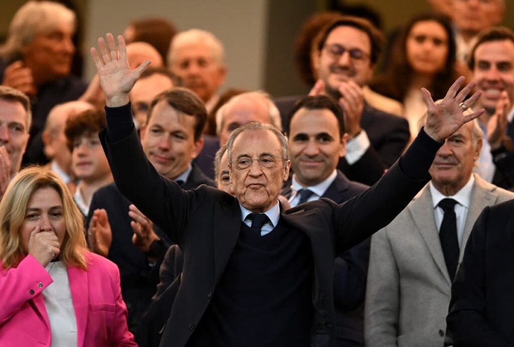 Real Madrid president Florentino Perez speaking at a press conference ahead of the club's upcoming elections