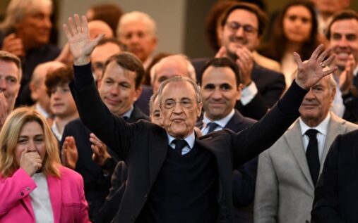 Real Madrid president Florentino Perez speaking at a press conference ahead of the club's upcoming elections