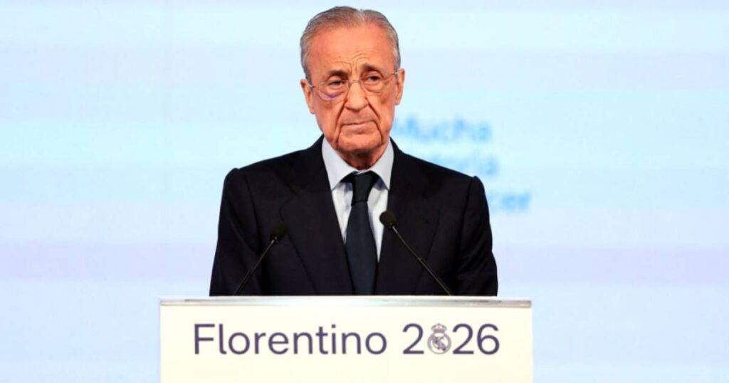 Real Madrid president Florentino Perez speaking at a press conference