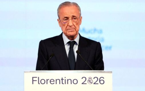 Real Madrid president Florentino Perez speaking at a press conference