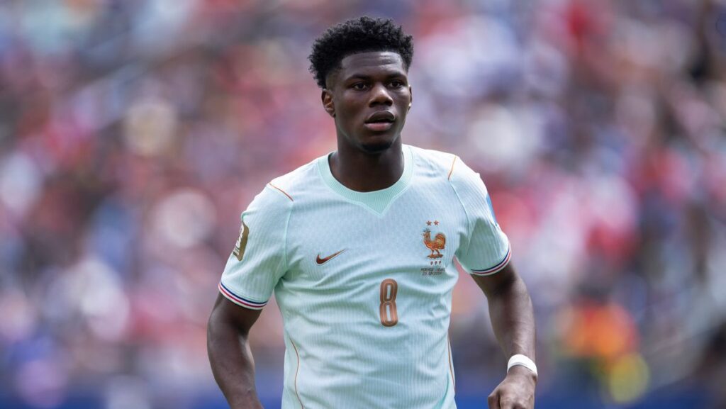 Aurelien Tchouameni playing for Real Madrid in a white jersey
