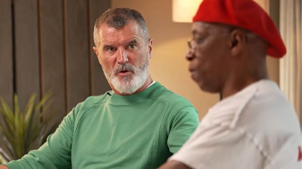 Roy Keane looking serious while working as a television pundit