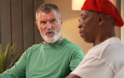 Roy Keane looking serious while working as a television pundit