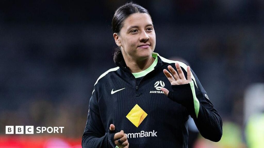 Australian striker Sam Kerr wearing a Gotham FC football shirt on the pitch