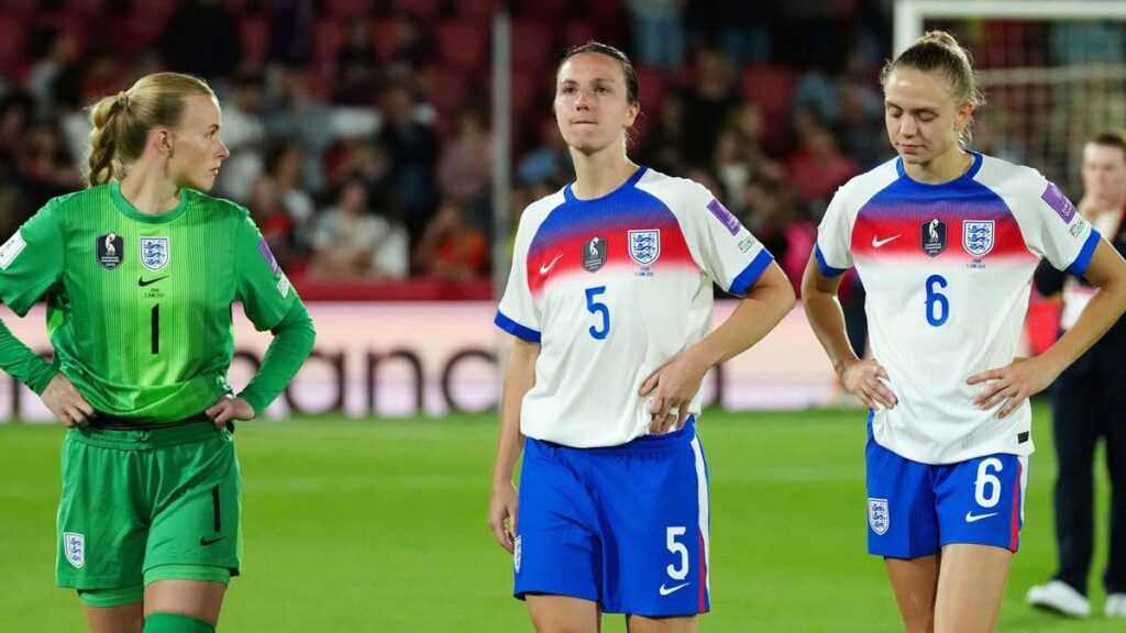 England Manager Sarina Wiegman looking thoughtful on the touchline
