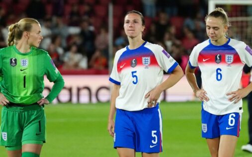 England Manager Sarina Wiegman looking thoughtful on the touchline