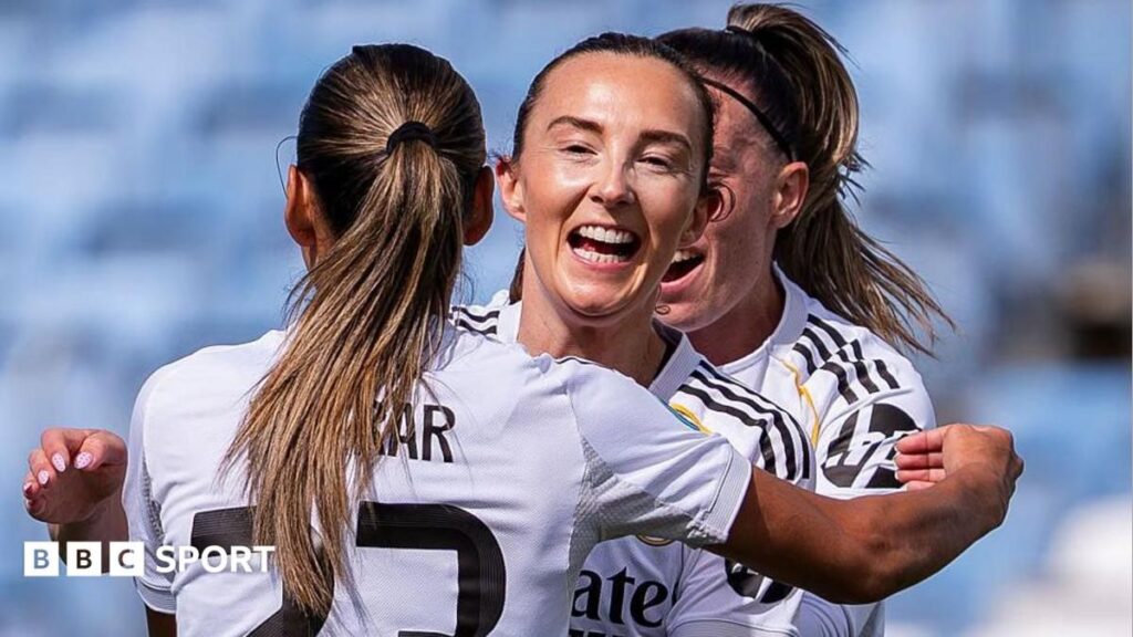 Caroline Weir waving to fans while wearing a Real Madrid kit