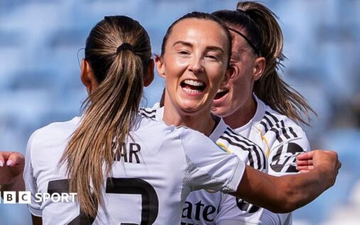 Caroline Weir waving to fans while wearing a Real Madrid kit