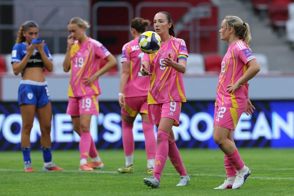 Caroline Weir celebrating a goal for Scotland Women during their commanding 6-0 victory over Israel in Budapest