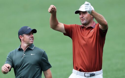 Scottie Scheffler and Rory McIlroy standing together on a golf course