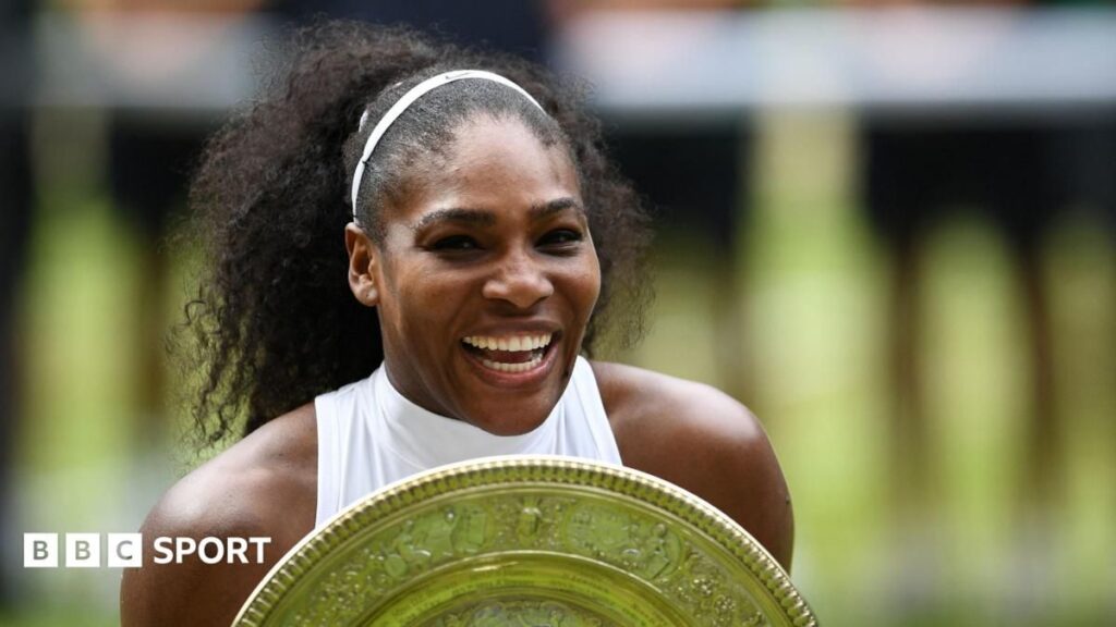 Serena Williams celebrating on a grass court during a Wimbledon tennis match