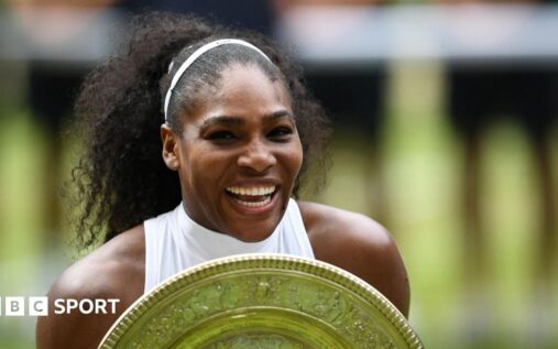 Serena Williams celebrating on a grass court during a Wimbledon tennis match