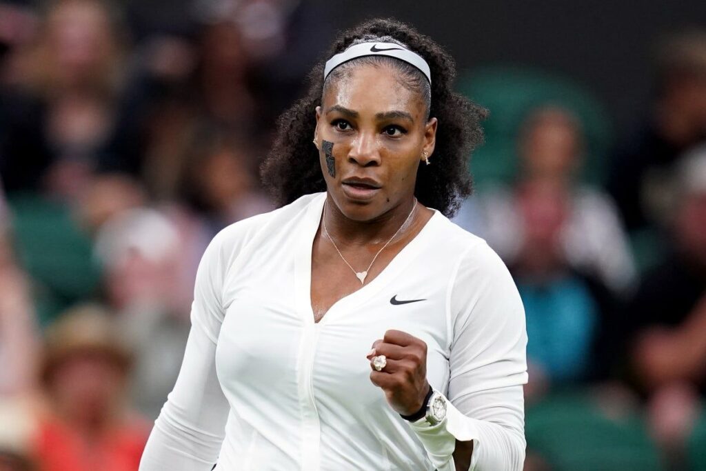 Serena Williams celebrating a point on court during a professional tennis match