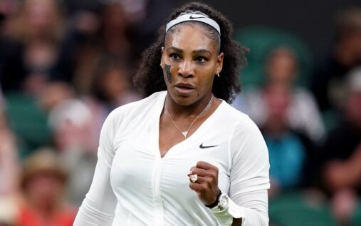 Serena Williams celebrating a point on court during a professional tennis match