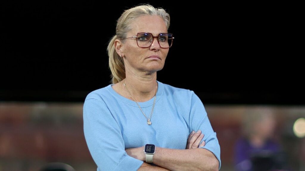 Sarina Wiegman looking frustrated on the touchline during England's heavy defeat to Spain