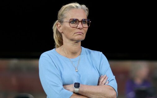 Sarina Wiegman looking frustrated on the touchline during England's heavy defeat to Spain