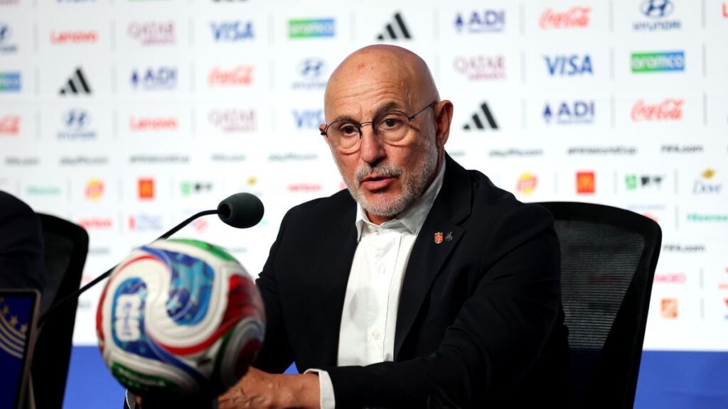 Spain manager Luis de la Fuente gesturing on the touchline during a match