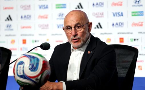 Spain manager Luis de la Fuente gesturing on the touchline during a match