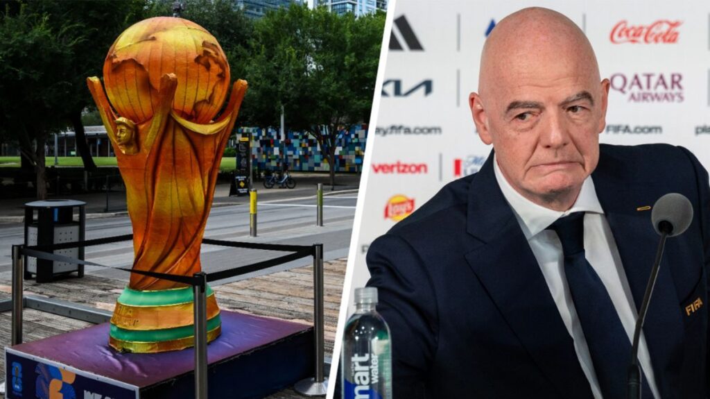 Football fans holding 2026 World Cup tickets outside a stadium in Texas
