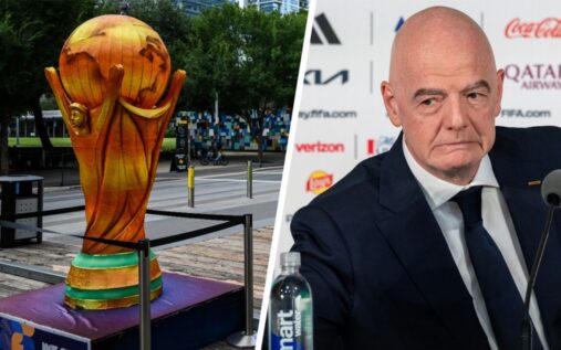 Football fans holding 2026 World Cup tickets outside a stadium in Texas